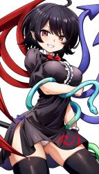 Rule 34 | 1girl, absurdres, asymmetrical wings, black dress, black hair, black thighhighs, breasts, dress, highres, houjuu nue, kikoka (mizuumi), looking at viewer, pointy ears, red eyes, short hair, simple background, smile, solo, thighhighs, touhou, white background, wings