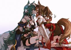 Rule 34 | 2girls, animal ear fluff, animal ears, bent over, blush, bracelet, breasts, brown hair, chinese clothes, chinese commentary, cleavage, closed eyes, detached sleeves, earrings, fluffy, fox ears, fox girl, fox tail, girl on top, green hair, hair between eyes, hanging scroll, highres, honkai: star rail, honkai (series), jewelry, kiss, long hair, looking at another, medium breasts, multiple girls, ponytail, rekka, scroll, simple background, sitting, tail, thigh strap, tingyun (honkai: star rail), white background, white footwear, yukong (honkai: star rail), yuri