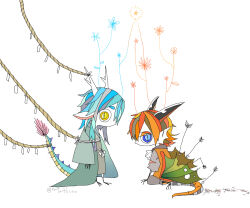 Rule 34 | 2boys, arrow (projectile), blue eyes, blue hair, chibi, coat, commentary request, dragon boy, dragon horns, dragon tail, dragon wings, eastern dragon horns, eastern dragon tail, fins, full body, green coat, haori, head fins, horns, hotathino, jacket, japanese clothes, kimono, long hair, looking at viewer, male focus, multiple boys, orange hair, original, simple background, sitting, slit pupils, stab, tail, white background, wings, yellow eyes