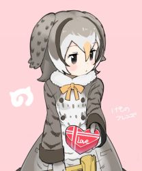 Rule 34 | 10s, 1girl, :o, averting eyes, black eyes, blush, box, brown hair, candy, chocolate, chocolate heart, coat, collar, commentary request, copyright name, english text, eyelashes, food, fur collar, gloves, grey hair, hair between eyes, head wings, heart, heart-shaped box, holding, holding food, japari symbol, jitome, kanemaru (knmr fd), kemono friends, knmr (knmr fd), kyuushuu owl (kemono friends), long sleeves, multicolored hair, neck ribbon, official art, open mouth, orange hair, orange ribbon, outstretched arm, pink background, pocket, religious offering, ribbon, short hair, shy, sidelocks, simple background, solo, valentine, white hair, wings