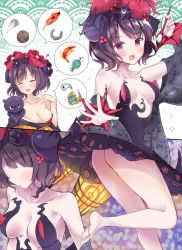 Rule 34 | 1girl, :d, ass, bad id, bad pixiv id, bare shoulders, barefoot, blueberry, blueberry hair ornament, blush, breasts, brown background, brown hair, cherry, cherry hair ornament, cleavage, closed eyes, collarbone, dress, fate/grand order, fate (series), feathers, flower, food, food-themed hair ornament, fruit, gradient background, green background, hair flower, hair ornament, highres, holding, holding paintbrush, katsushika hokusai (fate), looking at viewer, masayo (gin no ame), medium breasts, multiple views, octopus, open mouth, paintbrush, purple background, purple dress, purple eyes, purple flower, red flower, short hair, smile, soles, sparkle, sparkle background, speech bubble, standing, standing on one leg, strapless, strapless dress, white background