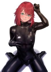 Rule 34 | 1boy, blush, bodysuit, bulge, covered erect nipples, gimp suit, gloves, green eyes, highres, kilye kairi, latex, latex bodysuit, latex suit, long hair, looking at viewer, male focus, original, pectorals, red hair, shadow, shiny clothes, short hair, simple background, sitting, skin tight, solo, trap, very long hair, white background, white hair
