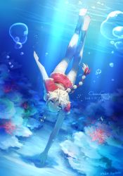 Rule 34 | 1girl, air bubble, barefoot, blonde hair, blue eyes, braid, breath, bubble, chrono cross, diving, freediving, gerunosuke, holding breath, jewelry, kid (chrono cross), long hair, multi-tied hair, necklace, ponytail, smile, solo, swimming, underwater