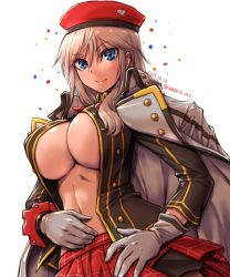 Rule 34 | 10s, 1girl, alisa ilinichina amiella, amania orz, blue eyes, breasts, cleavage, commentary request, gloves, god eater, god eater resonant ops, hat, jacket, jacket on shoulders, large breasts, long hair, long sleeves, looking at viewer, namco, no bra, silver hair, skirt, solo, underboob