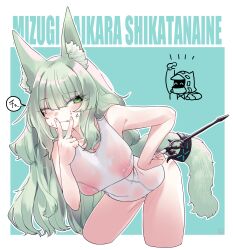 Rule 34 | 1girl, absurdres, anger vein, animal ear fluff, animal ears, arknights, blush, breasts, cat ears, cat girl, cat tail, covered erect nipples, cropped legs, green background, green eyes, green hair, hand on own hip, harmonie (arknights), highres, holding, holding wand, infection monitor (arknights), large breasts, leaning forward, long hair, looking at viewer, one-piece swimsuit, one eye closed, shima (wideshi ma), solo, spoken squiggle, squiggle, swimsuit, tail, tail ornament, tail ring, v, wand, white one-piece swimsuit
