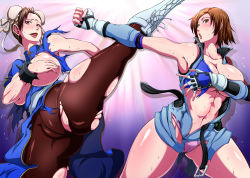 Rule 34 | 2girls, absurdres, armpits, bare shoulders, belt, black hair, blue dress, blush, boots, bracelet, breasts, brown eyes, brown hair, bun cover, cameltoe, capcom, china dress, chinese clothes, chun-li, cleavage, cleft of venus, collarbone, cross-laced footwear, crotch seam, double bun, dress, fighting stance, fingerless gloves, flying sweatdrops, gloves, hair bun, hand guard, highres, jewelry, kanta (k n t r o), kazama asuka, kicking, large breasts, looking at viewer, multiple girls, navel, no panties, open belt, open mouth, panties, pantyhose, parted lips, pelvic curtain, pink panties, punching, short hair, skirt, spiked bracelet, spikes, street fighter, street fighter x tekken, sweat, tekken, torn clothes, torn dress, torn legwear, torn skirt, unbuckled, unbuttoned, underboob, underwear, unzipped, white footwear, zipper