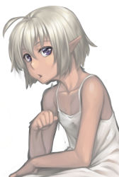 Rule 34 | 1girl, bare arms, bare shoulders, blonde hair, collarbone, dress, elf, flat chest, h kasei, looking at viewer, original, pointy ears, purple eyes, simple background, sitting, sleeveless, sleeveless dress, solo, white dress