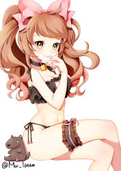 Rule 34 | 1girl, bell, blush, bow, breasts, bridal garter, brown hair, cat cutout, cat ear panties, cat lingerie, chocolat (istoria), choker, cleavage, cleavage cutout, closed mouth, clothing cutout, crossed legs, finger to mouth, frills, hair bow, hair ribbon, highres, jingle bell, large breasts, lingerie, long hair, looking at viewer, mahou shoujo no istoria, meme attire, moi (latte art), neck bell, panties, pink bow, pink ribbon, ribbon, side-tie panties, simple background, sitting, smile, solo, stuffed animal, stuffed toy, thigh strap, thighs, twintails, twitter username, underwear, wavy hair, white background, yellow eyes