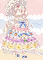 Rule 34 | 1girl, alcremie, anklet, blue background, blue bow, blush, bow, brooch, cape, cape hold, creatures (company), dated, dress, dress flower, eyelashes, food, food-themed hair ornament, footwear bow, fruit, full body, game freak, gem, gen 8 pokemon, gigantamax, gigantamax alcremie, hair bow, hair ornament, hair rings, hairband, heart, high heels, highres, holding, holding umbrella, jewelry, juliet sleeves, lace-trimmed sleeves, lace trim, layered sleeves, long hair, long sleeves, looking at viewer, matchaneko, multicolored background, nail polish, nintendo, parasol, pearl (gemstone), personification, pink nails, pokemon, pokemon swsh, puffy sleeves, red background, red eyes, see-through, solo, standing, star (symbol), strawberry, strawberry hair ornament, striped, striped bow, swept bangs, too many, umbrella, white bow, white cape, white footwear, white hair, wide sleeves, yellow background