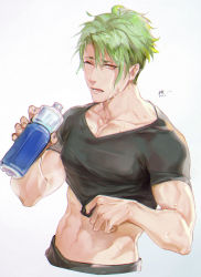 Rule 34 | &gt; o, 1boy, abs, achilles (fate), bad id, bad pixiv id, bara, bottle, changye, clothes lift, fate/apocrypha, fate/grand order, fate (series), green hair, holding, holding bottle, large pectorals, looking at viewer, muscular, muscular male, navel, one eye closed, open mouth, orange eyes, pectorals, shirt, shirt lift, short hair, simple background, solo, upper body, water bottle, wet, wet hair, white background