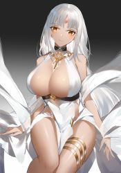 Rule 34 | 1girl, absurdres, azur lane, breasts, brown eyes, choker, cleavage, closed mouth, dress, facial tattoo, grey background, highres, horz, jewelry, large breasts, long hair, looking at viewer, massachusetts (azur lane), massachusetts (dressed to impress) (azur lane), necklace, silver choker, silver hair, sitting, smile, solo, tattoo, thighs, white dress