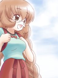 Rule 34 | 00s, 1girl, :d, awa, backpack, bag, blonde hair, blue shirt, bow, braid, breasts, brown eyes, brown hair, child, cloud, cloudy sky, day, glasses, goggles, kodomo no jikan, long hair, medium breasts, open mouth, oppai loli, red bow, ribbon, shirt, skirt, sky, smile, solo, usa mimi