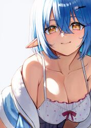 Rule 34 | 1girl, bare shoulders, blue hair, blue jacket, bob cut, breasts, camisole, character hair ornament, cleavage, closed mouth, collarbone, daifuku (yukihana lamy), double-parted bangs, frilled camisole, frills, fur-trimmed jacket, fur trim, grey background, hair between eyes, hair ornament, hairclip, hanging breasts, highres, hololive, jacket, large breasts, leaning forward, light blush, looking at viewer, messy hair, multicolored hair, off shoulder, official alternate costume, official alternate hair length, official alternate hairstyle, pointy ears, polka dot, polka dot camisole, polka dot skirt, pyytato, short hair, skirt, sleepwear, smile, solo, spaghetti strap, streaked hair, virtual youtuber, white camisole, white skirt, yellow eyes, yukihana lamy, yukihana lamy (loungewear)
