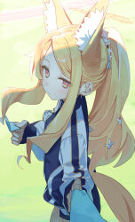 Rule 34 | 1girl, absurdres, alternate costume, animal ear fluff, animal ears, blonde hair, blue archive, blush, closed mouth, cowboy shot, extra ears, fox ears, gym uniform, halo, highres, jacket, long hair, long sleeves, looking at viewer, seia (blue archive), solo, syhan, track jacket, yellow eyes, yellow halo