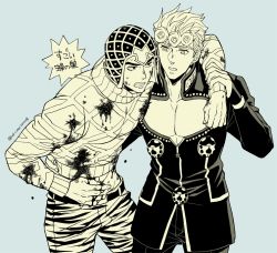 Rule 34 | 2boys, abs, animal print, argyle, argyle clothes, argyle sweater, arm around shoulder, bleeding, blood, blood on clothes, bug, cleavage cutout, clothing cutout, clutching chest, cropped top, giorno giovanna, guido mista, haruko (chikadoh), hat, injury, insect, jojo no kimyou na bouken, ladybug, male focus, midriff, monochrome, multiple boys, pectoral cleavage, pectorals, sweater, tiger print, turtleneck, vento aureo, wing ornament