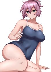 Rule 34 | 1girl, aoba (kancolle), black scrunchie, blue one-piece swimsuit, breasts, clenched hand, competition school swimsuit, green eyes, highres, ikadamo, kantai collection, medium breasts, messy hair, one-piece swimsuit, pink eyes, ponytail, school swimsuit, scrunchie, short hair, simple background, sitting, solo, swimsuit, white background, yokozuwari