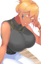 1girl bleach blonde_hair bracelet breasts colored_eyelashes espada facial_mark green_eyes jewelry large_breasts looking_at_viewer necklace nijiran_(av0xu) simple_background tier_harribel white_background