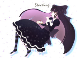 Rule 34 | 10s, bad id, bad pixiv id, bow, cake, colored inner hair, dress, eating, food, gothic lolita, leaf, lolita fashion, long hair, multicolored hair, panty &amp; stocking with garterbelt, purple eyes, purple hair, solo, spoon, stocking (psg), striped clothes, striped thighhighs, thighhighs, two-tone hair