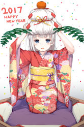 Rule 34 | 1girl, 2017, absurdres, blue eyes, blush, commentary request, floral print, food, food on head, fruit, furisode, happy new year, highres, japanese clothes, katoroku, kimono, kneeling, long hair, looking at viewer, mandarin orange, new year, obi, object on head, original, parted lips, pillow, red kimono, sash, shide, smile, solo, white background, white hair