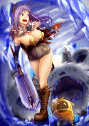 Rule 34 | 1girl, alchemist (ragnarok online), areola slip, blue gloves, boots, breasts, brown cape, brown dress, brown footwear, cape, commentary request, cross-laced footwear, crossed bandaids, dress, elbow gloves, fingerless gloves, fire, fleeing, full body, fur collar, gloves, highres, holding, holding weapon, horns, ice, ice cave, lace-up boots, large breasts, long hair, looking back, mace, molotov cocktail, monster, open mouth, potion, purple eyes, purple hair, ragnarok online, running, short dress, slime (creature), snowier, strapless, strapless dress, vanilmirth (ragnarok online), vial, wantsupanchi!!, weapon