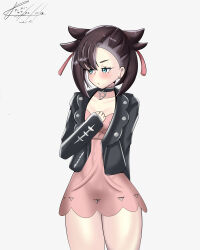 Rule 34 | 1girl, absurdres, arm behind back, asymmetrical bangs, averting eyes, black choker, black hair, black jacket, blush, breasts, choker, creatures (company), dress, earrings, game freak, green eyes, hair ribbon, hand up, highres, jacket, jewelry, looking to the side, marnie (pokemon), nintendo, parted lips, pink dress, pokemon, pokemon swsh, ribbon, short dress, signature, small breasts, solo, stud earrings, t-mimi, thighs, twintails, undercut