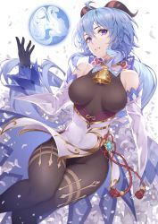 Rule 34 | 1girl, absurdres, ahoge, bare shoulders, bell, black gloves, black pantyhose, blue hair, bodystocking, breasts, covered navel, detached sleeves, floating, floating object, flower knot, ganyu (genshin impact), genshin impact, gloves, hand up, highres, horns, huge filesize, long hair, long sleeves, looking at viewer, low ponytail, medium breasts, orb, pantyhose, parted lips, petals, purple eyes, red ribbon, ribbon, scal2let, simple background, smile, solo, tassel, very long hair, white background