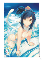 Rule 34 | 1girl, amazuyu tatsuki, animal ears, arm support, ass, blue hair, breasts, brown eyes, cat tail, cleavage, covered erect nipples, day, flower, hair ornament, halterneck, highres, kuon (utawarerumono), leaning forward, long hair, looking at viewer, medium breasts, outdoors, scan, side ponytail, smile, solo, tail, utawarerumono, utawarerumono: itsuwari no kamen, water, wet, wet clothes, white flower