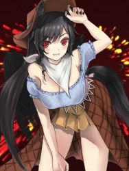 Rule 34 | 1girl, black hair, black wings, boots, breasts, cleavage, cowboy boots, cowboy hat, hat, horse girl, horse tail, kurokoma saki, large breasts, minnku, ponytail, solo, tail, touhou, wings