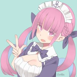 Rule 34 | 1girl, anchor symbol, arm up, artist name, black bow, black bowtie, blue background, blunt bangs, bow, bowtie, braid, breasts, briiin, cleavage, dutch angle, flat color, french braid, green background, hair ribbon, highres, hololive, large breasts, looking at viewer, maid headdress, minato aqua, minato aqua (1st costume), purple eyes, purple hair, ribbon, self-upload, simple background, solo, standing, tagme, twintails, upper body, v, virtual youtuber
