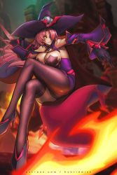 Rule 34 | 1girl, ass, bare shoulders, blazblue, breasts, cleavage, gloves, hat, high heels, hybridmink, konoe a. mercury, large breasts, long hair, pink hair, very long hair, witch, witch hat, yellow eyes
