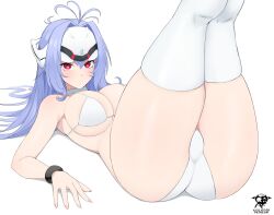 Rule 34 | 1girl, android, ass, bare shoulders, blue hair, breasts, cleavage, commentary, elbow gloves, expressionless, forehead protector, gloves, highres, kaos art, kos-mos, large breasts, legs up, long hair, looking at viewer, lying, on back, panties, red eyes, simple background, solo, thighhighs, thighs, underwear, very long hair, xenosaga