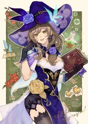 Rule 34 | 1girl, absurdres, artificial flower, beaker, belt, black gloves, blue flower, book, brown hair, cowboy shot, drop earrings, earrings, flask, flower, genshin impact, gloves, golden rose, green eyes, hair flower, hair ornament, hat, hat flower, highres, holding, holding book, jewelry, lace, lace-trimmed thighhighs, lisa (genshin impact), long hair, looking at viewer, misoshiru umai4, parted lips, pelvic curtain, purple flower, purple hat, purple rose, red flower, rose, signature, solo, teeth, thighhighs, twitter username, upper teeth only, witch, witch hat