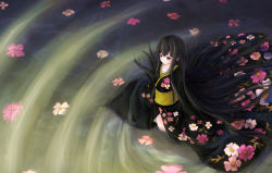 Rule 34 | 1girl, absurdly long hair, alternate costume, black hair, black kimono, breasts, collarbone, commentary request, crying, flower, goma dango, hime cut, houraisan kaguya, japanese clothes, kimono, long hair, looking afar, night, obi, partially submerged, pink eyes, ripples, sad, sash, side slit, solo, standing, streaming tears, tears, touhou, very long hair, wading, water