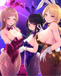 Rule 34 | 3girls, :d, animal ears, back-seamed legwear, backless leotard, bare back, bare shoulders, black hair, black legwear, blonde hair, blue eyes, blue leotard, blue neckwear, blurry, blurry background, blush, bow, bowtie, breast hold, breasts, bridal gauntlets, brown eyes, brown hair, brown legwear, cleavage, commentary request, cowboy shot, detached collar, disco ball, elbow gloves, fake animal ears, finger to mouth, fishnet legwear, fishnets, gloves, groin, hachimiya meguru, half-closed eyes, half updo, hand on own ass, head tilt, heavy breathing, high ponytail, highleg, highleg leotard, highres, huge breasts, idolmaster, idolmaster shiny colors, illumination stars (idolmaster), indoors, kazano hiori, large breasts, latex, latex gloves, latex leotard, leotard, looking at viewer, low ponytail, medium breasts, medium hair, mole, mole under mouth, multiple girls, naughty face, open mouth, orange leotard, orange neckwear, own hands together, pantyhose, parted lips, playboy bunny, purple background, purple gloves, purple leotard, purple neckwear, rabbit ears, rabbit tail, sakuragi mano, satou kuuki, seamed legwear, shiny clothes, short ponytail, sideboob, sidelocks, sleeveless, smile, standing, sweat, swept bangs, table, tail, tareme, tongue, tongue out, tsurime, v, white gloves, wing collar, wrist cuffs