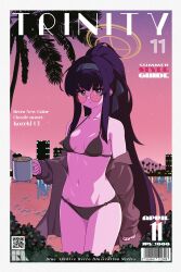 Rule 34 | 1girl, absurdres, barcode, bikini, black bikini, black hair, blue archive, breasts, coffee, coffee mug, cover, cup, english text, hairband, halo, highres, holding, holding cup, hrna, long hair, looking at viewer, magazine cover, mug, navel, qr code, round eyewear, shirt, small breasts, solo, swimsuit, ui (blue archive), ui (swimsuit) (blue archive), very long hair