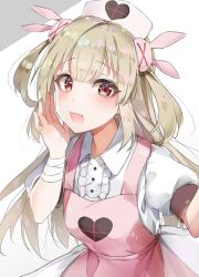Rule 34 | &gt; &lt;, 1girl, :d, apron, bad id, bad pixiv id, blush, center frills, collared shirt, commentary request, fang, frills, grey background, hair between eyes, hair ornament, hand up, hat, heart, light brown hair, long hair, natori sana, nurse cap, open mouth, pink apron, puffy short sleeves, puffy sleeves, rabbit hair ornament, red eyes, sana channel, shirt, short sleeves, smile, solo, two-tone background, two side up, very long hair, virtual youtuber, white background, white hat, white shirt, yayoichi (yoruyoru108)