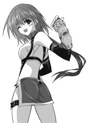 Rule 34 | 1girl, ;d, ass, blush, cowboy shot, from behind, gauntlets, greyscale, hip vent, kobayashi chisato, looking at viewer, looking back, monochrome, one eye closed, open mouth, original, simple background, skirt, smile, solo, suspender skirt, suspenders, white background