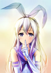 Rule 34 | 10s, 1girl, bad id, bad pixiv id, blue eyes, blush, elbow gloves, finger to mouth, flat chest, gloves, hairband, highres, kantai collection, long hair, long sempei, looking at viewer, shimakaze (kancolle), shushing, silver hair, solo, white gloves