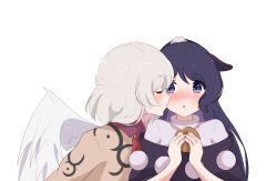 Rule 34 | 2girls, :t, animal ears, bad id, bad pixiv id, black capelet, blue eyes, blue hair, blush, bow, bowtie, braid, breasts, burger, capelet, commentary, doremy sweet, dress, feathered wings, food, french braid, grey jacket, hair between eyes, holding, holding food, jacket, jewelry, kishin sagume, kiss, kissing cheek, long hair, long sleeves, looking at another, medium breasts, multiple girls, no headwear, pom pom (clothes), profile, purple dress, red bow, red neckwear, short hair, silver hair, simple background, single wing, tapir ears, touhou, upper body, white background, white dress, white wings, wings, yukome, yuri