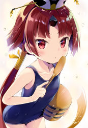 Rule 34 | 1girl, bare shoulders, benienma (fate), blue one-piece swimsuit, blush, brown hair, fate/grand order, fate (series), flat chest, hat, long hair, looking at viewer, low ponytail, natsume eri, old school swimsuit, one-piece swimsuit, parted lips, ponytail, red eyes, school swimsuit, shamoji, solo, swimsuit, very long hair