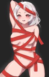 Rule 34 | 1girl, arm behind back, arm up, breasts, elf, gift wrapping, highres, large breasts, meekaki96, mushoku tensei, naked ribbon, navel, pointy ears, red eyes, ribbon, solo, sylphiette (mushoku tensei), white hair, wrapped up