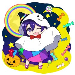Rule 34 | 1girl, ;d, blue eyes, blue hair, bow, candy, crescent, crescent pin, food, full body, ghost costume, halloween, halloween costume, hat, highres, jack-o&#039;-lantern, lollipop, looking at viewer, multicolored clothes, one eye closed, open mouth, patchwork clothes, purple footwear, rainbow, red bow, rizleting, short hair, smile, solo, standing, star (symbol), tenkyuu chimata, touhou, witch hat