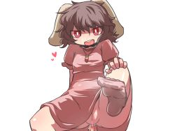 Rule 34 | 1girl, anal, animal ears, breasts, brown hair, clothed sex, dress, hakika, heart, hetero, inaba tewi, jewelry, looking at viewer, necklace, no panties, no shoes, open mouth, penis, pussy, red eyes, sex, short hair, simple background, small breasts, socks, solo focus, touhou, uncensored, white background