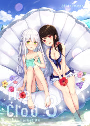 Rule 34 | 2girls, :d, absurdres, barefoot, bikini, black hair, blue sky, blush, breasts, cleavage, cloud, collar, collarbone, day, flower, frilled bikini, frills, full body, green bikini, green eyes, hair ornament, hair over shoulder, hibiscus, highres, holding, holding flower, large breasts, lens flare, long hair, looking at viewer, multiple girls, open mouth, original, outdoors, ponytail, red eyes, red flower, silver hair, sitting, sky, smile, soaking feet, sparkle, swimsuit, tsuchikure, very long hair, white bikini