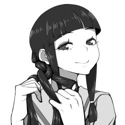 Rule 34 | 1girl, absurdres, blunt bangs, braiding hair, bright pupils, closed mouth, greyscale, hairdressing, hands up, highres, kantai collection, kitakami (kancolle), long hair, looking at viewer, monochrome, school uniform, serafuku, simple background, smile, solo, tocky, white background, white pupils