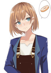 Rule 34 | 1girl, absurdres, blue eyes, blue jacket, brown hair, collarbone, commentary, doughnut, food, frown, highres, jacket, miyamori aoi, norman maggot, overalls, shirobako, short hair, simple background, solo, speech bubble, upper body, white background
