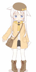 Rule 34 | 1girl, :3, animal ears, ayanepuna, bag, black skirt, blue eyes, blush, boots, brown footwear, brown jacket, closed mouth, collared shirt, colored eyelashes, commentary request, cross-laced footwear, dress shirt, highres, jacket, lace-up boots, long hair, long sleeves, looking at viewer, original, pigeon-toed, pleated skirt, shadow, shio (ayanepuna), shirt, shoulder bag, skirt, sleeves past wrists, solo, standing, tail, thighhighs, very long hair, white background, white hair, white shirt, white thighhighs, yellow neckwear