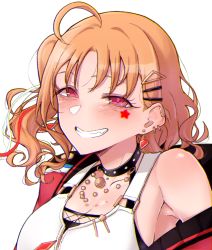 Rule 34 | 1girl, ahoge, bare shoulders, black choker, blush, breasts, choker, cleavage, ear piercing, earrings, fang, hair ornament, hairclip, jacket, jewelry, large breasts, looking at viewer, love live!, love live! school idol festival all stars, love live! sunshine!!, multicolored hair, nasuno (nasuno42), necklace, orange hair, piercing, simple background, smile, solo, streaked hair, takami chika, white background
