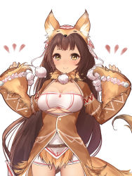 Rule 34 | 1girl, animal costume, animal ears, arms up, artist name, blush, breasts, brown hair, cleavage, cowboy shot, female focus, fox costume, fox ears, fox tail, fur collar, jacket, large breasts, long hair, looking at viewer, original, pipin (sennen sensou aigis), pippin (sennen sensou aigis), sennen sensou aigis, smile, solo, strapless, tail, thighs, tube top, underboob, very long hair, white background, wide sleeves, yaman (yamanta lov), yellow eyes