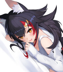 Rule 34 | 1girl, absurdres, animal ear fluff, animal ears, argule0901, black choker, black hair, choker, clothing cutout, dutch angle, fang, hair between eyes, hair ornament, highres, hololive, light blush, long hair, looking at viewer, lying, multicolored hair, on stomach, ookami mio, ookami mio (casual), open mouth, shirt, shoulder cutout, skin fang, sleeves past wrists, smile, solo, streaked hair, virtual youtuber, white background, white shirt, wolf ears, wolf girl, yellow eyes